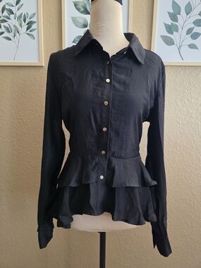 Story On Black Long-Sleeve Button-Down Blouse Asymmetrical Peplum Layer Ruffle